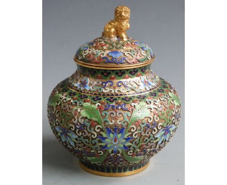 Chinese cloisonné covered jar with Dog of Fo finial, H 15cm