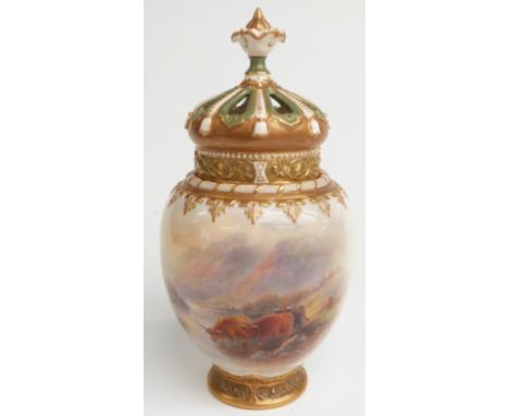 Royal Worcester pedestal covered pot pourri, hand-decorated with Highland cattle in moorland and mountainous landscape, signe