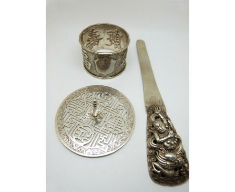 Chinese white metal napkin ring with Chinese character mark decoration and maker's mark CH, Chinese white metal paper knife w