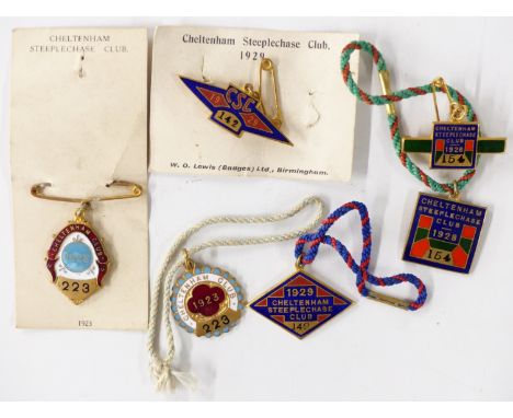 Three pairs (six badges in total) of Cheltenham Steeplechase Club enamel badges with member's number to each, comprising 1923