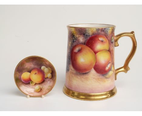 Royal Worcester painted fruit pin dish signed Robinson and a tankard signed G Delaney with Delaney backstamp, H12.5cm