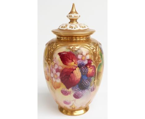 Royal Worcester pedestal covered pot pourri hand-decorated with berries by Kitty Blake, H18cmNote revised description