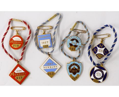 Four pairs (eight in total) Newbury Race Club horse racing enamel badges, each with member's number to rear, comprising two o