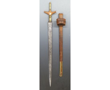 A 19thC North African straight sword (probably Morocco / Sudan) with inlaid and brass worked handle, in leather scabbard, L81