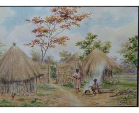 Diana Mallet Veale portrait miniature of two tribal ladies cooking, with huts beyond, signed lower right, 10 x 14.5cm