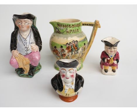 Crown Devon Widdicombe Fair musical jug, H19cm, and three Toby jugs including a 19thC example, H20cm