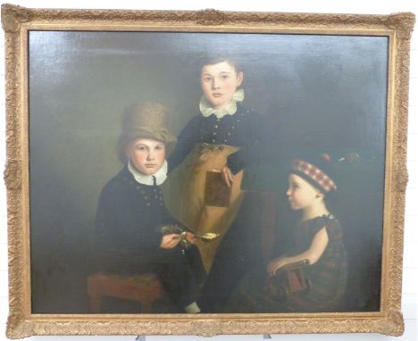 19th century oil on canvas portrait of three Scottish children, one feeding a nest of bird chicks with a spoon of porridge, o