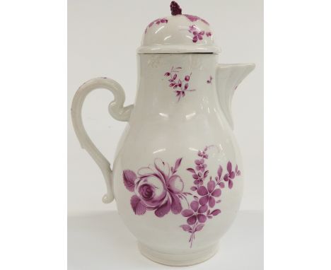 Volkstedt 18thC chocolate pot and cover with applied flower finial, 23cm