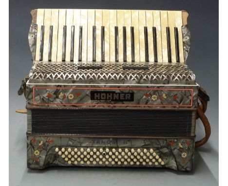 Hohner Tango II German 80 bass piano accordion, c1930s, in grey pearloid finish with diamante and floral inlaid decoration, i
