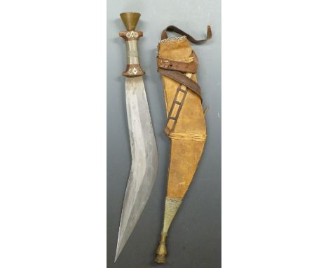 North African / Arabian peninsula short sword with wire grip handle and flared brass knop in similarly decorated leather scab