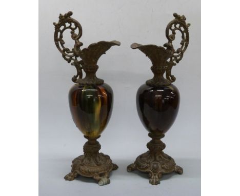 Pair of ceramic dummy ewers/ candlesticks with tiger's eye effect and metal mounts, H36cm&nbsp;