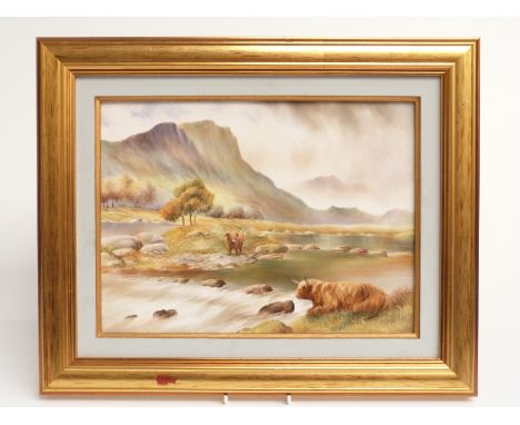 Bronte Porcelain porcelain plaque hand-decorated with Highland cattle watering with mountainous backdrop, signed T Young (ex 