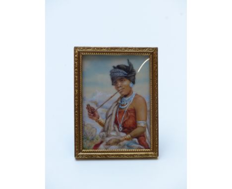 Diana Mallet Veale portrait miniature of African tribal lady smoking a pipe, 7 x 5cm, in gilt frame&nbsp;