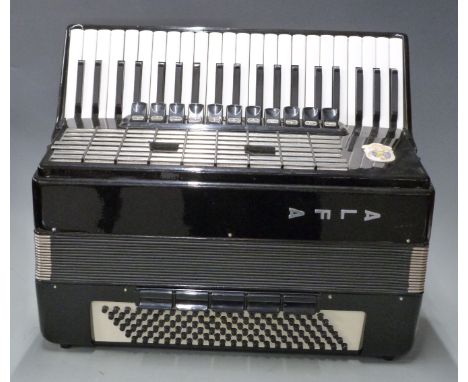 Alfa 120 bass piano accordion c1960's in black lacquered finish, 11 treble couplers and five brass couplers number 469, in or