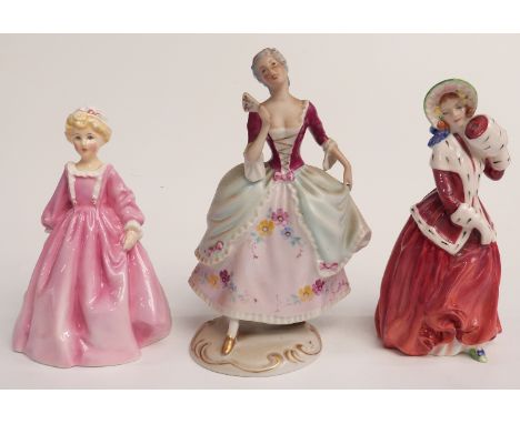 Royal Worcester figurine 'Grandmother's Dress', Royal Albert 'Christmas Morn' and a Royal Dux figurine, tallest 20cm&nbsp;