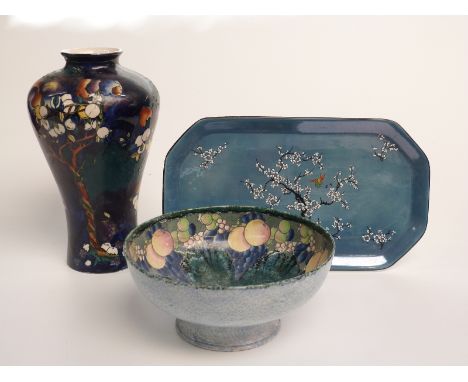 Art Deco Carltonware octagonal plate decorated with a bird among jewelled prunus blossom, Coronaware 'Cherry-Ripe' vase and a
