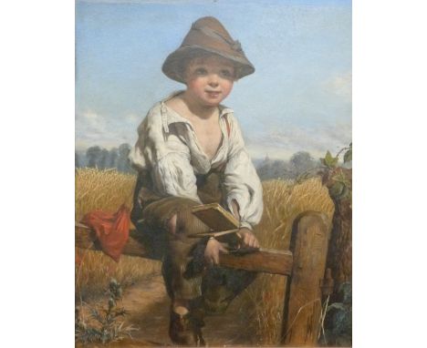 R Morris oil on board boy on stile, signed and dated possibly 56 lower right, 30 x 24cm, in gilt frame