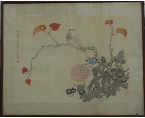 A 19hC / early 20thC Chinese watercolour of flowers and birds on silk with seal mark (46 x 54cm) together with two smaller wa