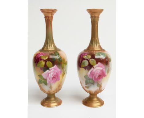 Royal Worcester pair of pedestal vases hand-decorated with roses, H19cm&nbsp;
