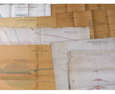 Sixteen early 20th century coloured architectural and engineering drawings relating to Kennick reservoir and dam, including p
