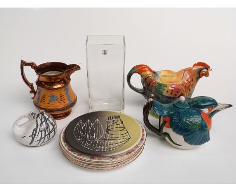 Novelty bird teapots, Royal Worcester plates, art pottery jug, lustre jug etc