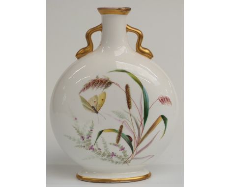 A 19thC pedestal moon flask hand decorated with flowers and insects in the style of Flight Barr &amp; Barr, height 25cm