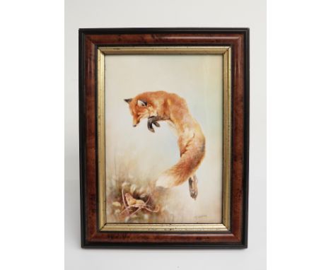 Bronte Porcelain signed plaque hand decorated with a fox pouncing on a mouse, signed T Young (ex Royal Worcester artist and r