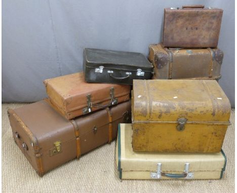 Collection of vintage luggage including ash bound steamer trunks, leather suitcases etc., width of largest 92cm