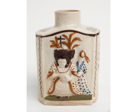 A late 18thC Prattware tea caddy with relief decoration of figures, probably King George III and Queen Caroline with attendan