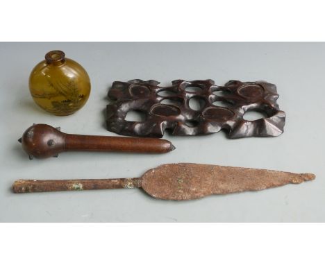 Chinese hardwood stand, an iron spear head, unusual scroll holder shaped as a mace and a reverse painted bottle