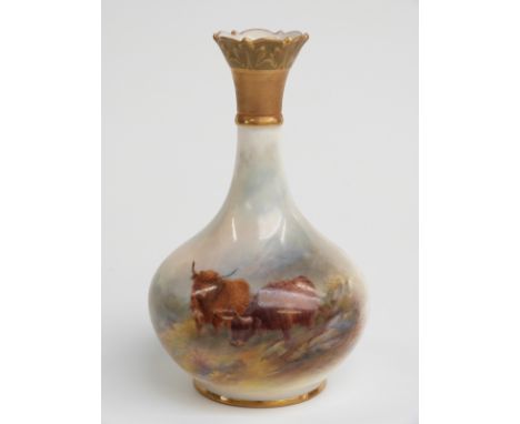 Royal Worcester pedestal vase hand-decorated with Highland cattle in moorland and mountainous landscape, signed Harry Stinton
