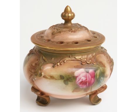 Royal Worcester footed pot pourri hand decorated with roses and signed James Hadley to base, H12cm&nbsp;