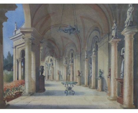 R H Hill watercolour, Colonnade, Villa Torlonia, Rome, formerly Villa Albani and built by Cardinal Albani, 39.5 x 52cm