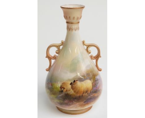 Royal Worcester twin-handled pedestal vase hand-decorated with sheep in a moorland and mountainous landscape, signed Harry Da