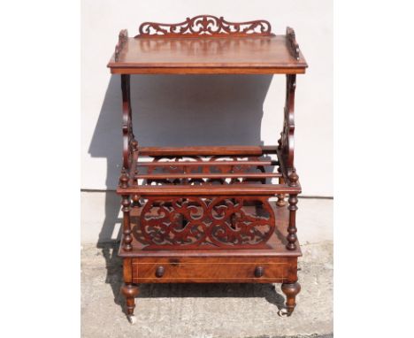 Victorian walnut Canterbury with shelf above, W56 x D40 x H87cm