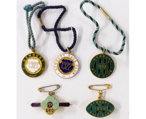 Five Newbury Race Club and other horse racing enamel badges, each with member's number to rear, comprising 1921, 1922, 1923 x