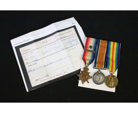 First World War medal group to include 1914 star, War medal and Victory medal with original ribbons and 5th Aug - 22nd Nov 19