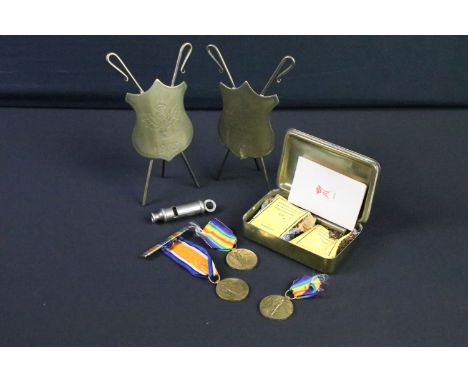 Three full size First World War Victory medals to include two with original ribbons. Together with two 1916 thistle decorated