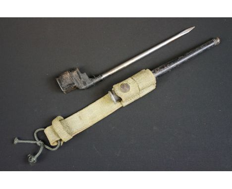 A British Lee Enfield No.4 bayonet together with scabbard and frog. 