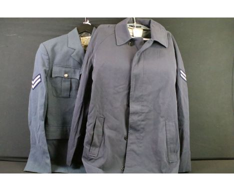 A selection of British Royal Air Force / RAF uniform to include two jackets and an overcoat. 