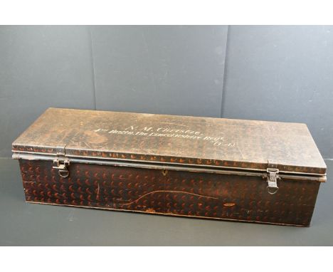 A large early 20th century painted metal military storage trunk to the 4th battalion of the Lancashire regiment. 