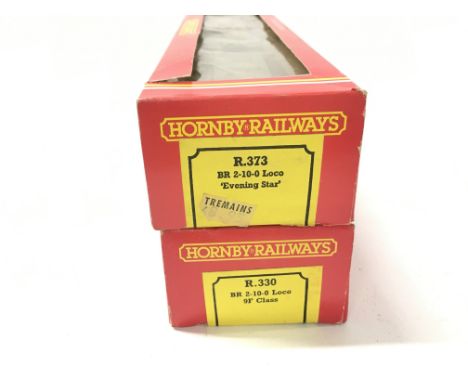 2x boxed 00 gauge model locomotives by Hornby. Includes R.330. BR 2.10.0 9F Class and R.373. BR 2.10.0. Evening Star. No rese