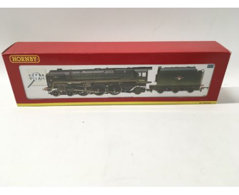 A boxed 00 gauge model locomotive with tender by Hornby. R 2457. BR 4.6.2. Britannia Class loco. Anzac weathered. DCC ready. 