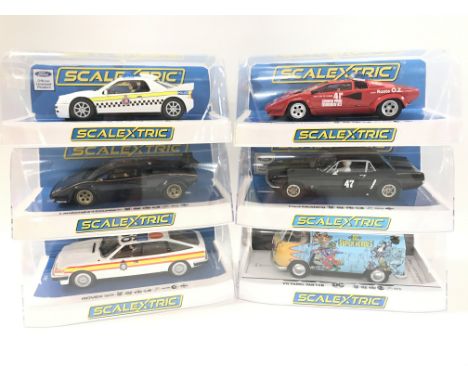 6 Boxed Scalextric Cars. A Ford RS200. 2 X Lamborghini Countachs. A Ford Mustang. A Rover SD1 And A VW Panel Van T1B.