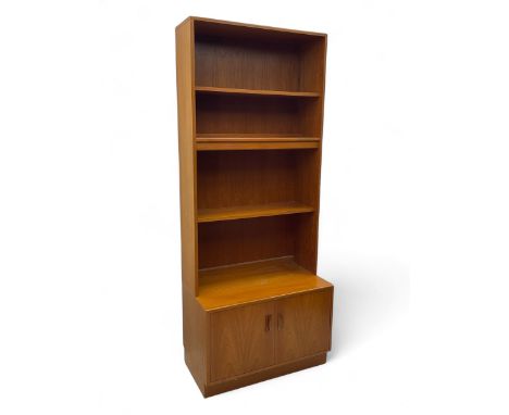 G-Plan - mid-20th century 'Fresco' teak illuminated wall unit, three shelves over two-door cupboard with single shelf, raised