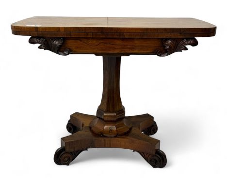 Early Victorian rosewood card table, rectangular foldover swivel top with rounded corners, red baize-lined surface, frieze ad