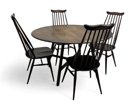 Ercol - dark elm drop-leaf dining table (113cm x 125cm, H72cm); together with a set of four ercol stick back dining chairs