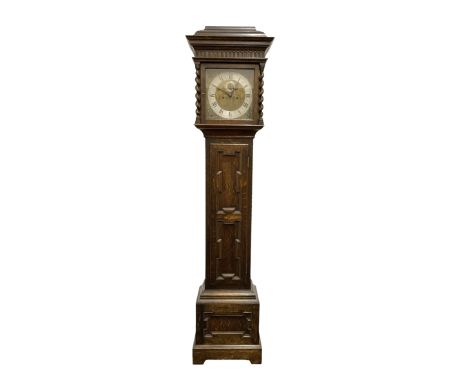 8-day oak longcase clock - in an early 18th century styled case with a caddy top, square hood door with barley twist columns,