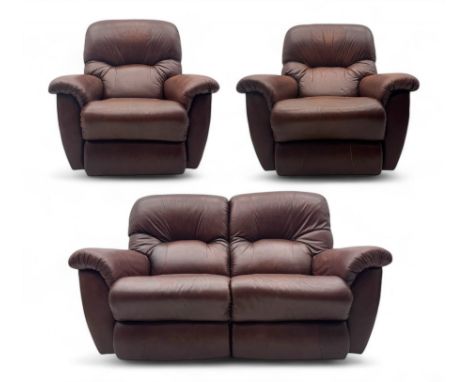 La-Z-Boy - manual reclining three piece suite - two seater sofa (W165cm, H105cm); and two armchairs (W98cm), upholstered in b