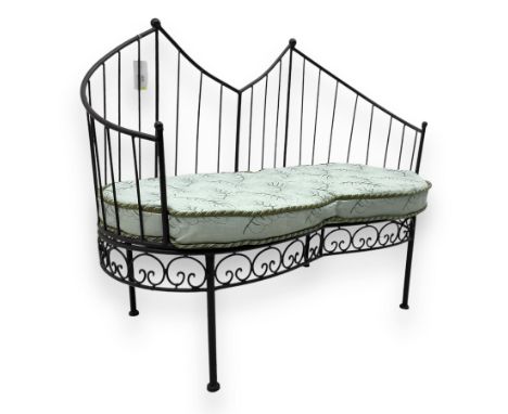 French 'banquette deux places' two-seater wrought iron bench, curved back and sides with vertical bar detailing, fitted with 